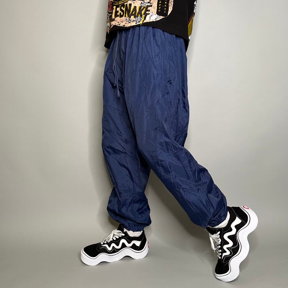 Vintage 90s Track Pants Mens L Navy Blue Nylon Joggers Cuffs Ankle Zippers